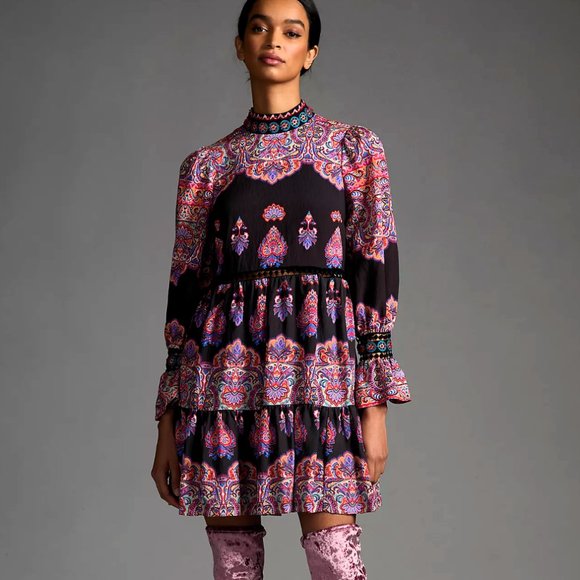 NWT Anthropologie Mini Dress Boho Beaded High Neck Pink & Brown Size 0 - Picture 3 of 15